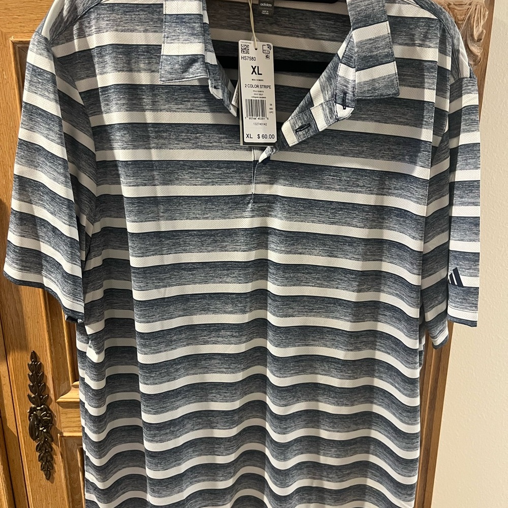 adidas Men's Navy and White Striped Polo Shirt